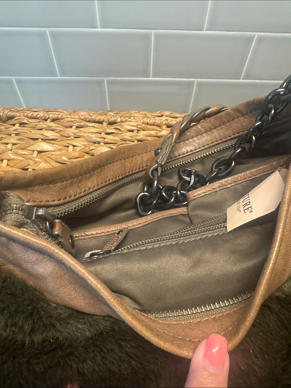 Juicy Couture Olive Faux Fur Clutch with Tan Leather Trim and Tassel